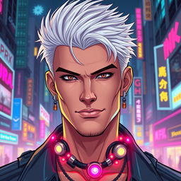 A traditionally good-looking male character with striking white hair, designed in a vibrant cyberpunk art style