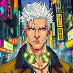 A traditionally good-looking male character with striking white hair, designed in a vibrant cyberpunk art style