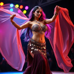 A mesmerizing transgender belly dancer performing on stage, gracefully moving with flowing silk veils