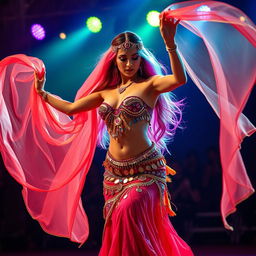 A mesmerizing transgender belly dancer performing on stage, gracefully moving with flowing silk veils