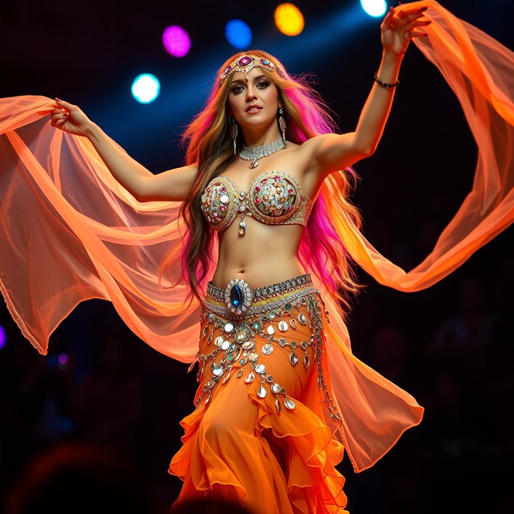 A mesmerizing transgender belly dancer performing on stage, gracefully moving with flowing silk veils