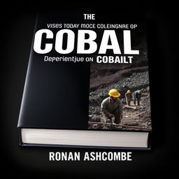 A flat book cover design with a dramatic split image: on the left side, a shiny, high-tech device like a smartphone or laptop, appearing sleek and modern, contrasted sharply with the right side depicting a cobalt mining scene, featuring workers in rough conditions, wearing hard hats, surrounded by dirt and debris