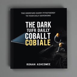 A flat book cover design with a dramatic split image: on the left side, a shiny, high-tech device like a smartphone or laptop, appearing sleek and modern, contrasted sharply with the right side depicting a cobalt mining scene, featuring workers in rough conditions, wearing hard hats, surrounded by dirt and debris