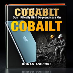 A flat book cover design with a dramatic split image: on the left side, a shiny, high-tech device like a smartphone or laptop, appearing sleek and modern, contrasted sharply with the right side depicting a cobalt mining scene, featuring workers in rough conditions, wearing hard hats, surrounded by dirt and debris