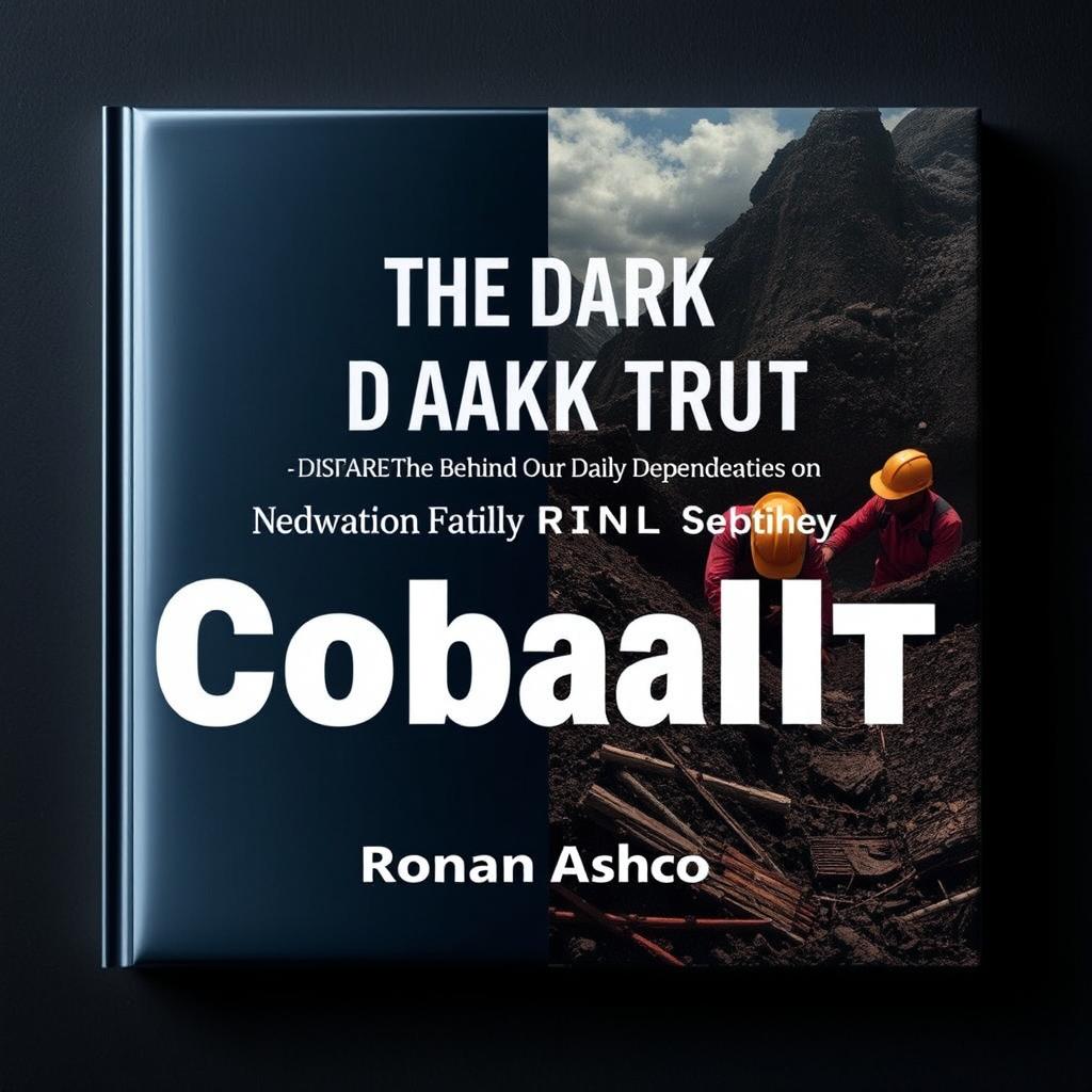 A flat book cover design with a dramatic split image: on the left side, a shiny, high-tech device like a smartphone or laptop, appearing sleek and modern, contrasted sharply with the right side depicting a cobalt mining scene, featuring workers in rough conditions, wearing hard hats, surrounded by dirt and debris