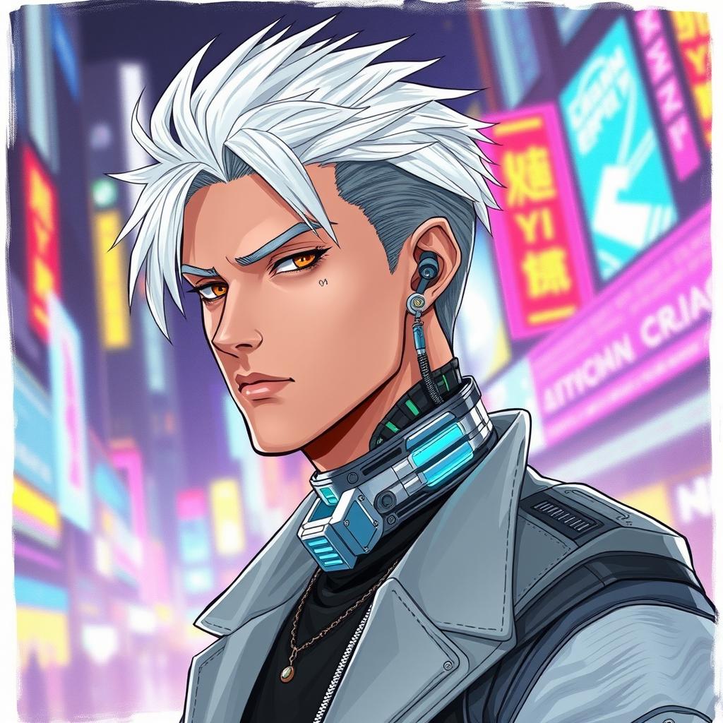 A traditionally good-looking male character with striking white hair, depicted in a full body drawing