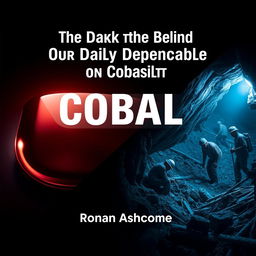 A dramatic split image cover design illustrating the contrast between a shiny, high-tech device and a cobalt mining scene with workers in rough conditions