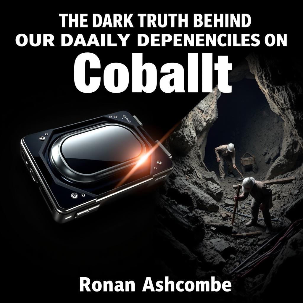 A dramatic split image cover design illustrating the contrast between a shiny, high-tech device and a cobalt mining scene with workers in rough conditions