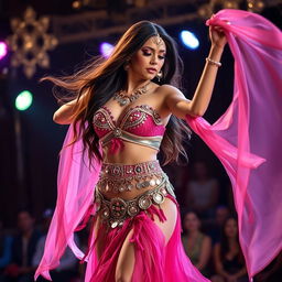 A captivating transgender belly dancer performing on stage, exuding confidence and grace