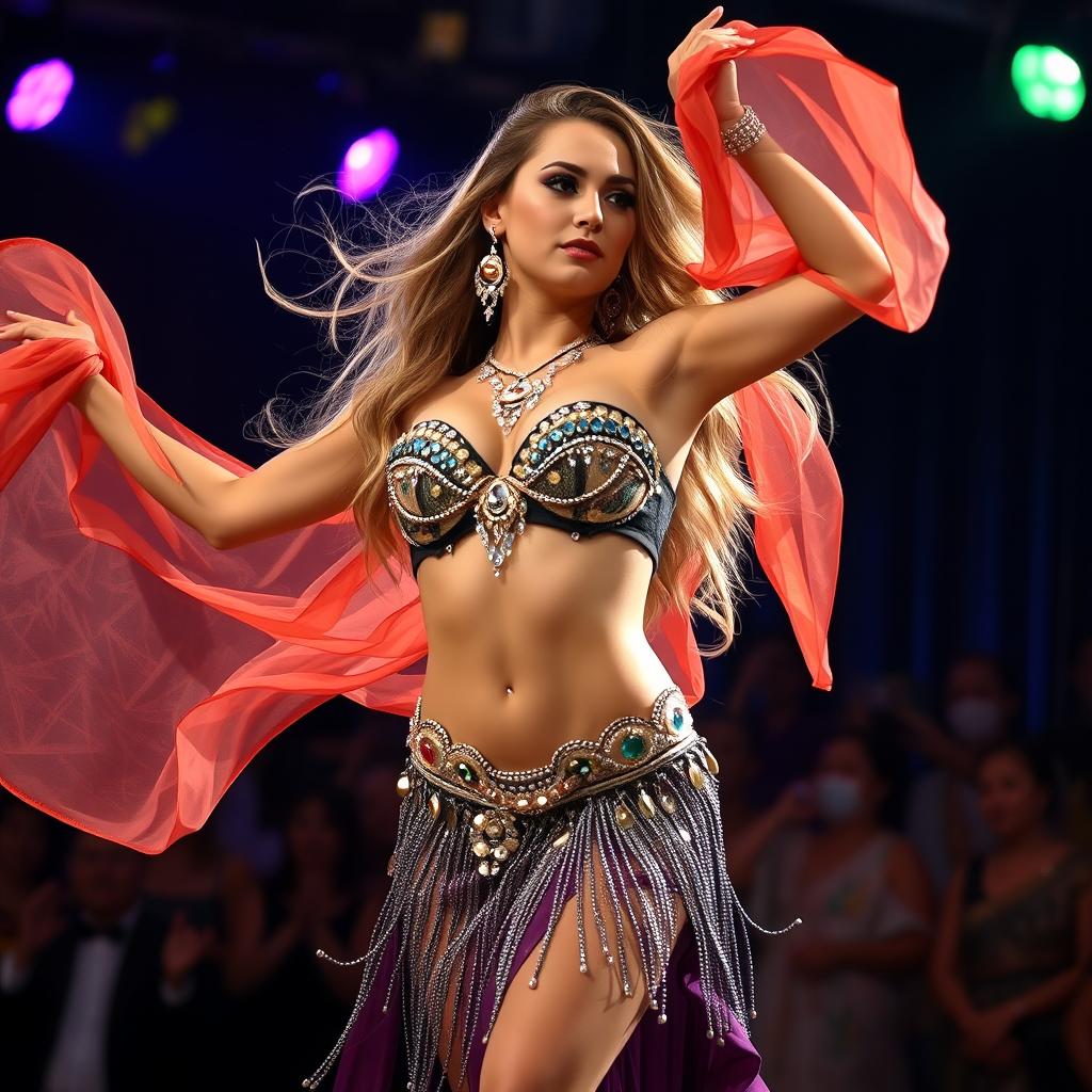 A captivating transgender belly dancer performing on stage, exuding confidence and grace