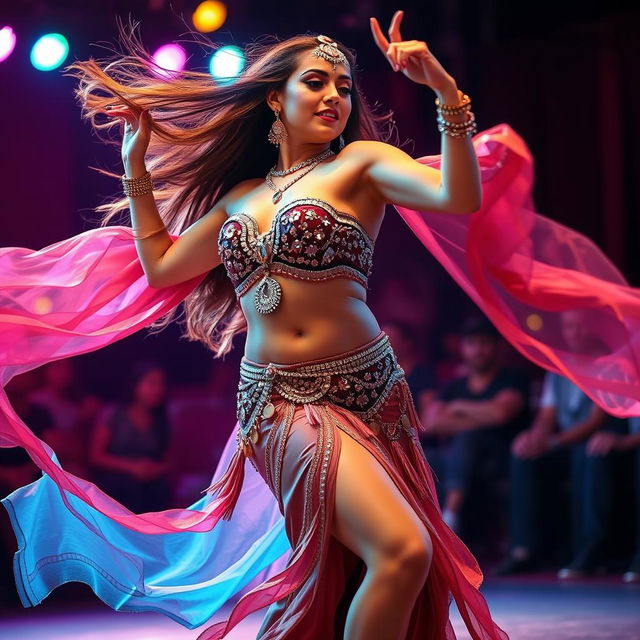 A captivating transgender belly dancer performing on stage, exuding confidence and grace