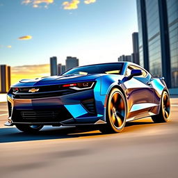 A futuristic 2030 Chevrolet Camaro, designed with a muscular and aggressive stance, featuring a sleek, aerodynamic body, bold lines and a powerful front grille