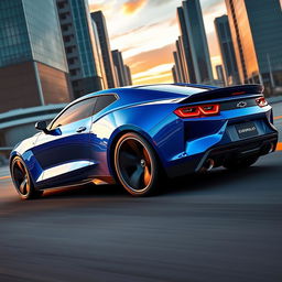 A futuristic 2030 Chevrolet Camaro, designed with a muscular and aggressive stance, featuring a sleek, aerodynamic body, bold lines and a powerful front grille