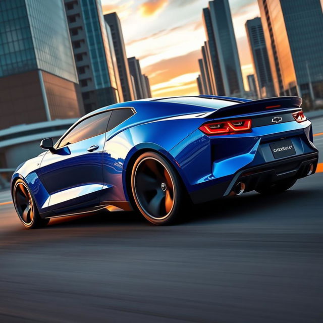 A futuristic 2030 Chevrolet Camaro, designed with a muscular and aggressive stance, featuring a sleek, aerodynamic body, bold lines and a powerful front grille