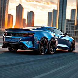 A futuristic 2030 Chevrolet Camaro, designed with a muscular and aggressive stance, featuring a sleek, aerodynamic body, bold lines and a powerful front grille