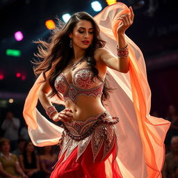 A striking transgender belly dancer captivating the audience with their performance, showcasing confidence and artistry
