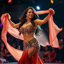 A striking transgender belly dancer captivating the audience with their performance, showcasing confidence and artistry