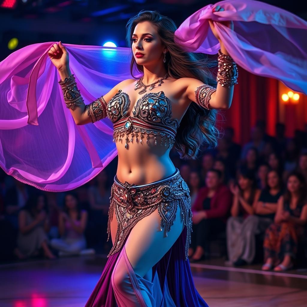 A striking transgender belly dancer captivating the audience with their performance, showcasing confidence and artistry