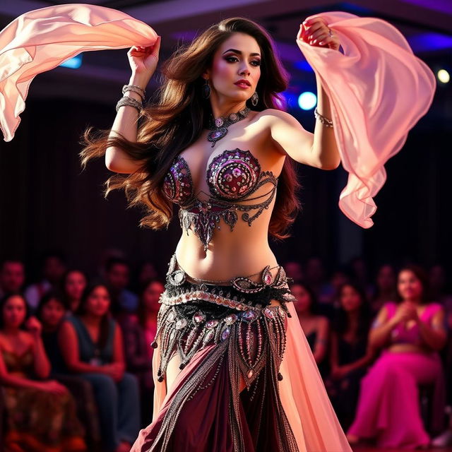 A striking transgender belly dancer captivating the audience with their performance, showcasing confidence and artistry