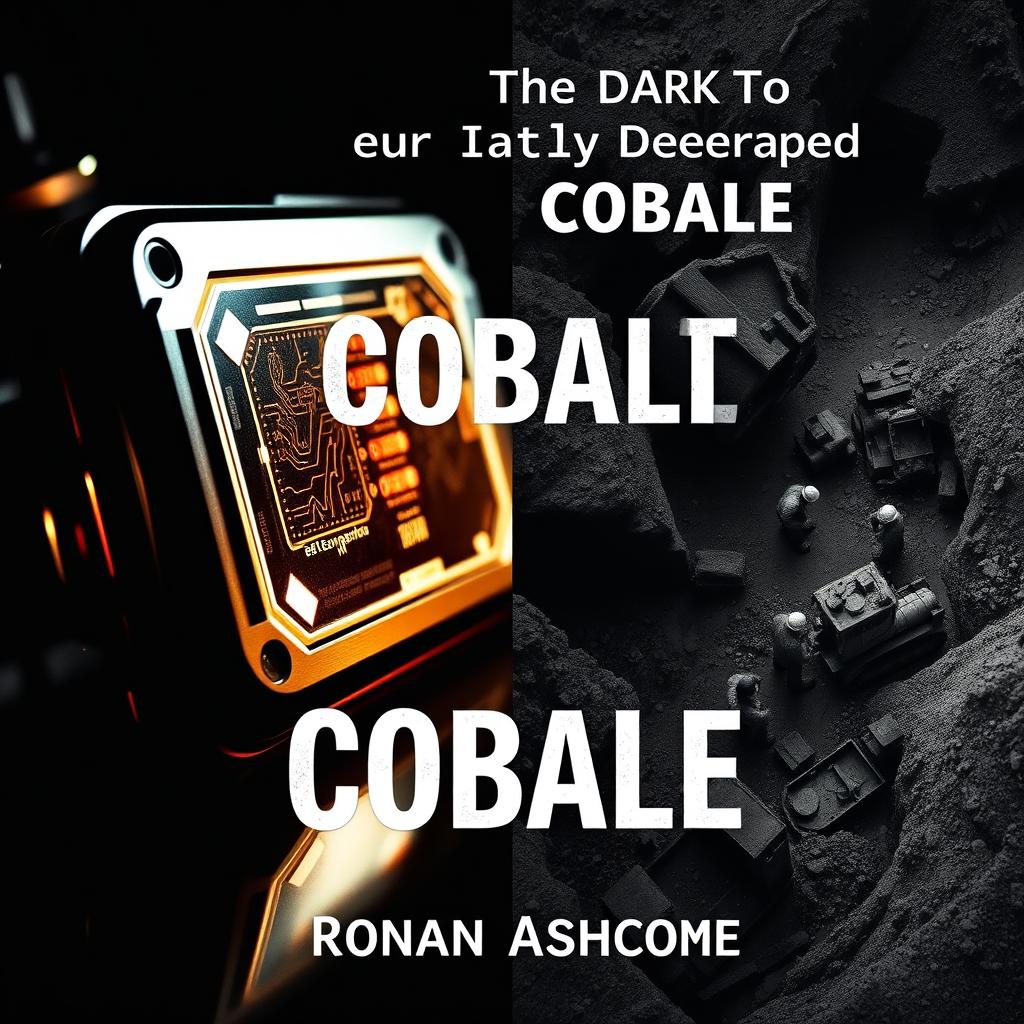 A dramatic split image for a book cover on the theme of cobalt dependencies
