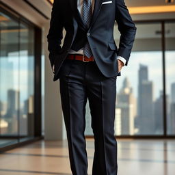 A sophisticated and impeccably tailored suit, characterized by sharp lines and a modern cut