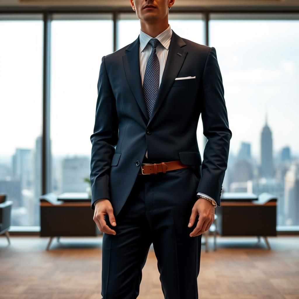 A sophisticated and impeccably tailored suit, characterized by sharp lines and a modern cut