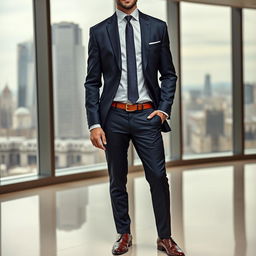 A sophisticated and impeccably tailored suit, characterized by sharp lines and a modern cut