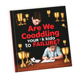 A realistic book cover depicting a concerned parent watching their child struggle with homework, surrounded by trophies and awards that symbolize overprotection