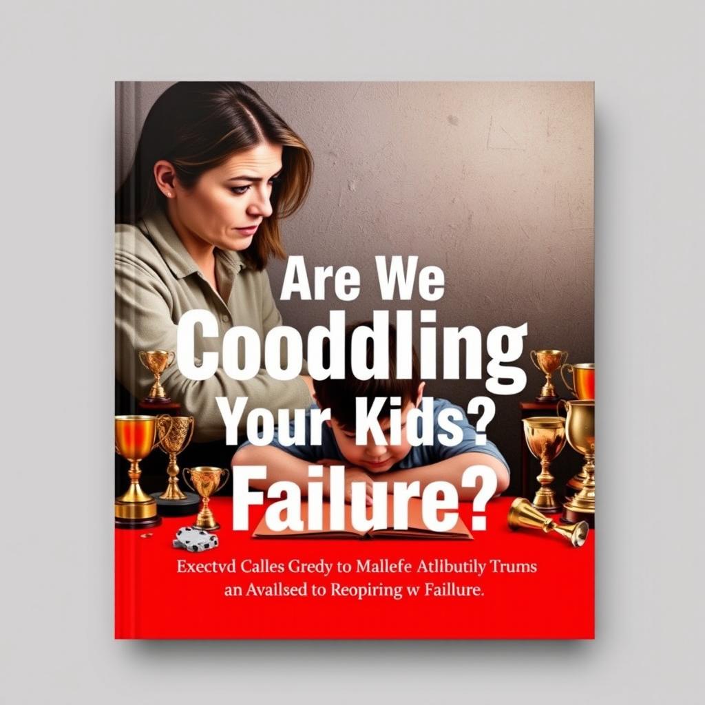 A realistic book cover depicting a concerned parent watching their child struggle with homework, surrounded by trophies and awards that symbolize overprotection