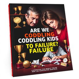 A realistic book cover depicting a concerned parent watching their child struggle with homework, surrounded by trophies and awards that symbolize overprotection