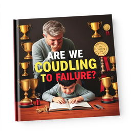 A realistic book cover depicting a concerned parent watching their child struggle with homework, surrounded by trophies and awards that symbolize overprotection