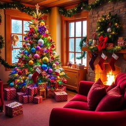 A cozy, festive Christmas scene in a warmly decorated living room