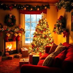 A cozy, festive Christmas scene in a warmly decorated living room