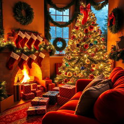 A cozy, festive Christmas scene in a warmly decorated living room