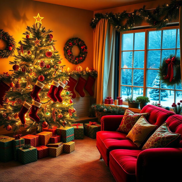 A cozy, festive Christmas scene in a warmly decorated living room