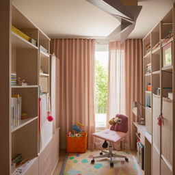 A teenage room featuring two small separate windows with curtains, a filled bookshelf, a study table and chair, a circulating fan, and a spacious wardrobe