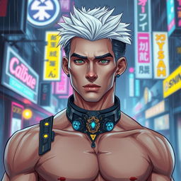 A full body drawing of a traditionally good-looking male character in a cyberpunk art style