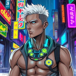 A full body drawing of a traditionally good-looking male character in a cyberpunk art style