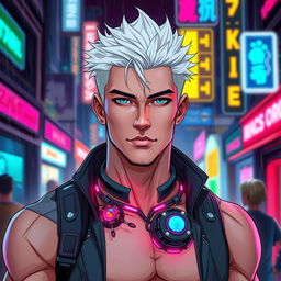 A full body drawing of a traditionally good-looking male character in a cyberpunk art style