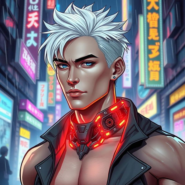 A full body drawing of a traditionally good-looking male character in a cyberpunk art style