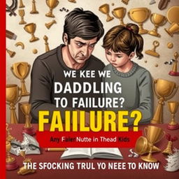 A realistic and poignant book cover design illustrating a concerned parent watching their child struggle with homework, surrounded by trophies and awards that symbolize overprotection