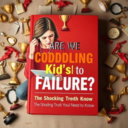 A realistic and poignant book cover design illustrating a concerned parent watching their child struggle with homework, surrounded by trophies and awards that symbolize overprotection