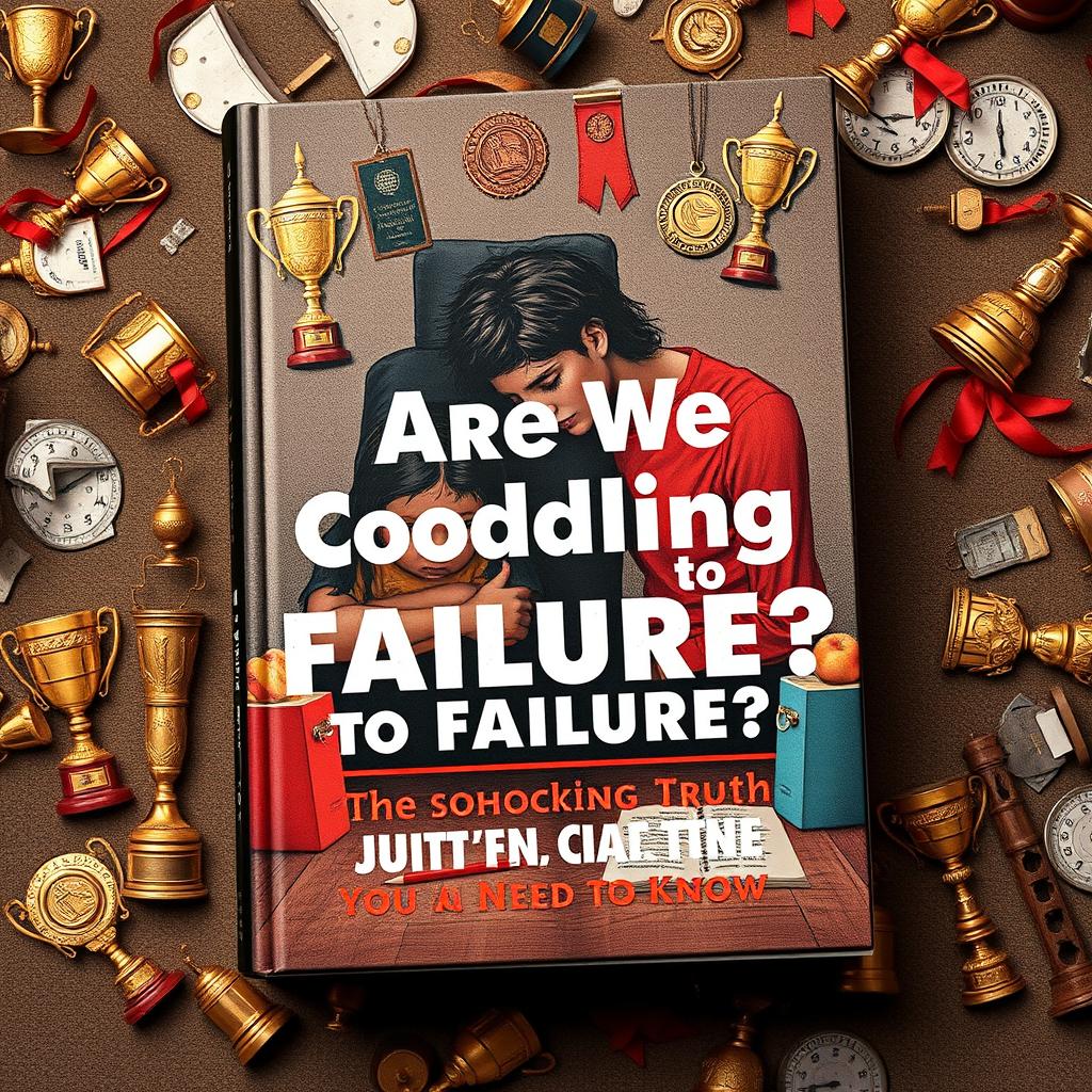 A realistic and poignant book cover design illustrating a concerned parent watching their child struggle with homework, surrounded by trophies and awards that symbolize overprotection
