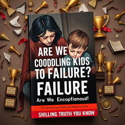 A realistic and poignant book cover design illustrating a concerned parent watching their child struggle with homework, surrounded by trophies and awards that symbolize overprotection