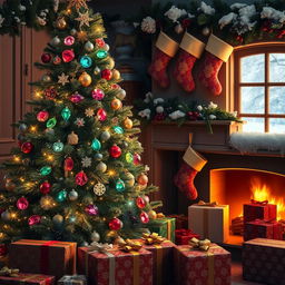 A festive Christmas scene featuring an intricately decorated Christmas tree adorned with various gemstones like rubies, emeralds, and sapphires