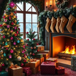 A festive Christmas scene featuring an intricately decorated Christmas tree adorned with various gemstones like rubies, emeralds, and sapphires