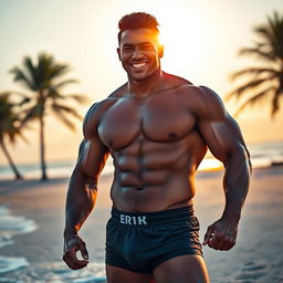 A strong mulato man without a shirt, wearing tight boxer shorts