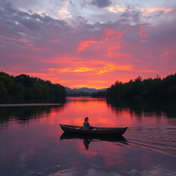 A vibrant sunset over a tranquil lake, reflecting shades of orange, pink, and purple in the sky, surrounded by lush green trees and distant mountains