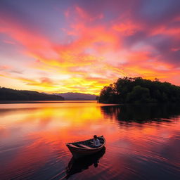 A vibrant sunset over a tranquil lake, reflecting shades of orange, pink, and purple in the sky, surrounded by lush green trees and distant mountains