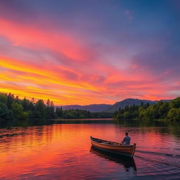 A vibrant sunset over a tranquil lake, reflecting shades of orange, pink, and purple in the sky, surrounded by lush green trees and distant mountains